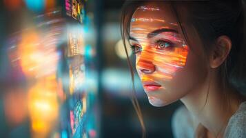 A woman with colorful lights on her face photo