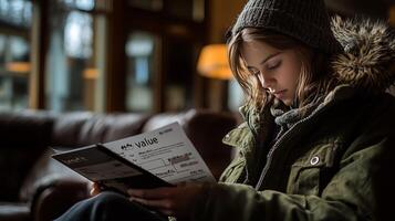 A young woman in a coat reading a newspaper photo