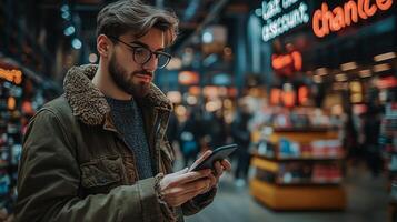 A man with glasses and a beard is looking at his phone photo