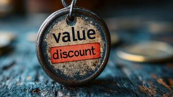 Value discount keychain on wooden table photo