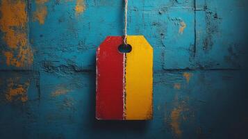 Colorful tag hanging on a blue wall photo