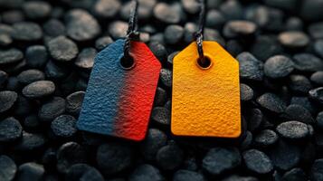 Two tags with different colors on a black background photo