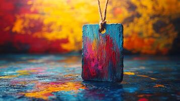 Colorful abstract painting on the background of a wooden tag photo