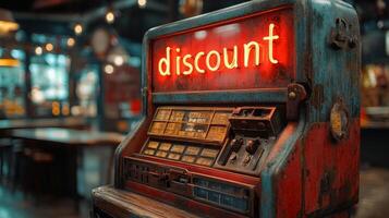 A vintage slot machine with the word discount on it photo