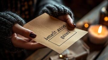 Woman holding a card with a message on it photo
