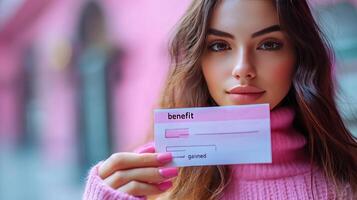 A woman holding up a pink card with a benefit box photo