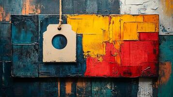 Abstract painting with wooden frame and tag hanging on wall photo