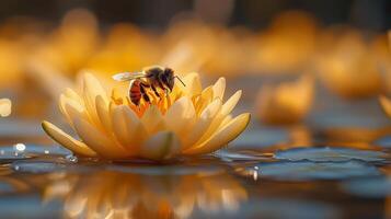 A bee on a yellow water lily in the water photo