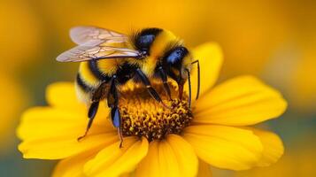 A bee is sitting on a yellow flower photo