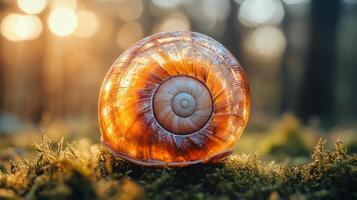 A snail shell on the ground in the woods photo