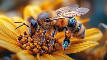 A bee is on a yellow flower with blue spots photo