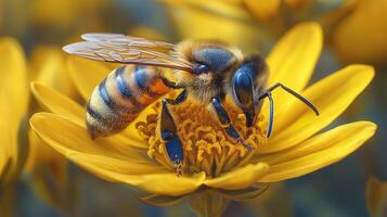 A bee is on a yellow flower with a blue background photo