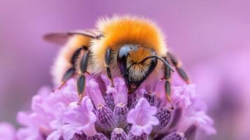 A bee on a purple flower with a purple background photo