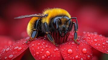 Bee on red flower with water droplets photo