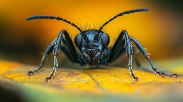A black bug with long legs sitting on a yellow leaf photo