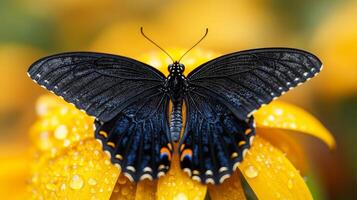 A black butterfly sits on a yellow flower photo