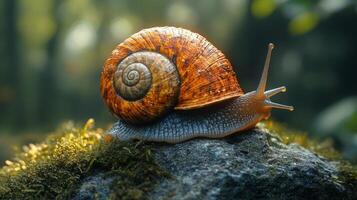 A snail is walking on a rock in the forest photo