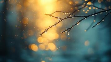 A tree branch with water droplets on it photo
