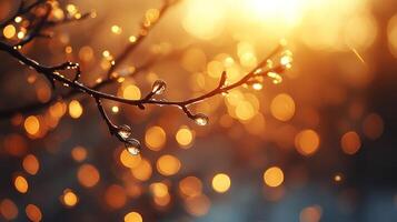 A tree branch with water droplets on it photo