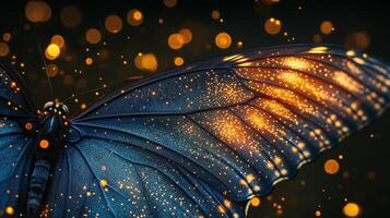 A butterfly with glowing wings is shown in the dark photo