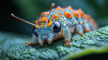 A close up of a colorful insect on a leaf photo
