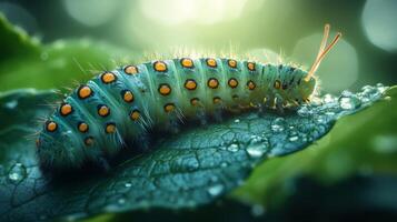 A caterpillar is sitting on a leaf with water droplets photo