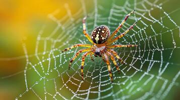 A spider sits on its web with dew drops on it photo