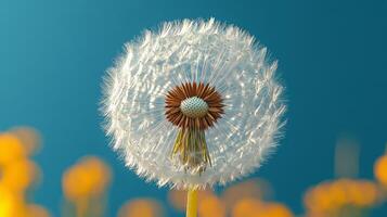 A dandelion is shown in front of a blue sky photo