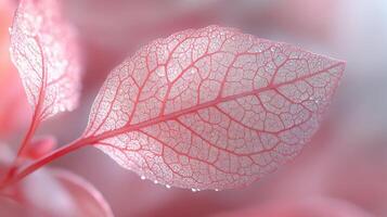 A close up of a pink leaf with water droplets photo