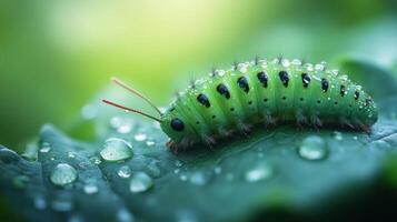 A green caterpillar with water droplets on it photo
