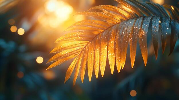 A palm leaf with water droplets on it photo
