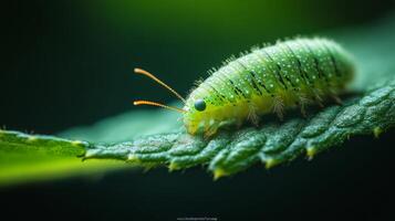 A green caterpillar on a leaf photo