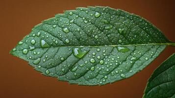 A close up of a green leaf with water droplets photo