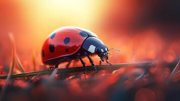 A ladybug is walking on a grassy field photo