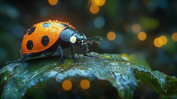 A ladybug sitting on a leaf with water droplets on it photo