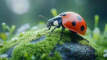 A ladybug is sitting on top of a rock photo