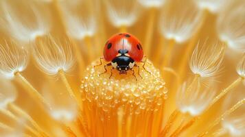 A ladybug on top of a yellow flower photo