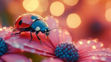 A ladybug on a pink flower with bokeh photo