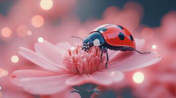 A ladybug is sitting on top of a pink flower photo