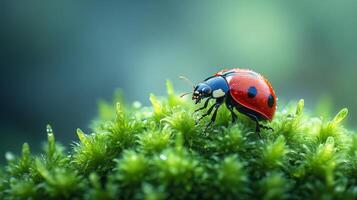 A ladybug is sitting on top of a green plant photo