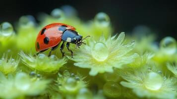 A ladybug on a green plant with water droplets photo