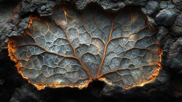 A leaf is shown in the middle of a black rock photo
