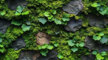 A wall covered with green moss and leaves photo