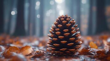 A pine cone sits in the middle of a forest photo