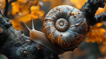 A snail is crawling on a tree branch photo