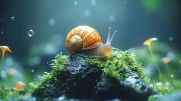 Snail on mossy rock in water photo