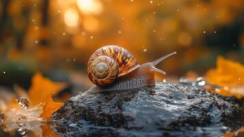 Snail on rock in autumn rain photo