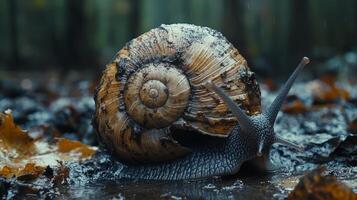 A snail is walking through the mud in the rain photo