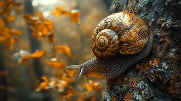 A snail is crawling on a tree trunk in the forest photo