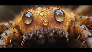 A close up of a spider's face with water drops on it photo
